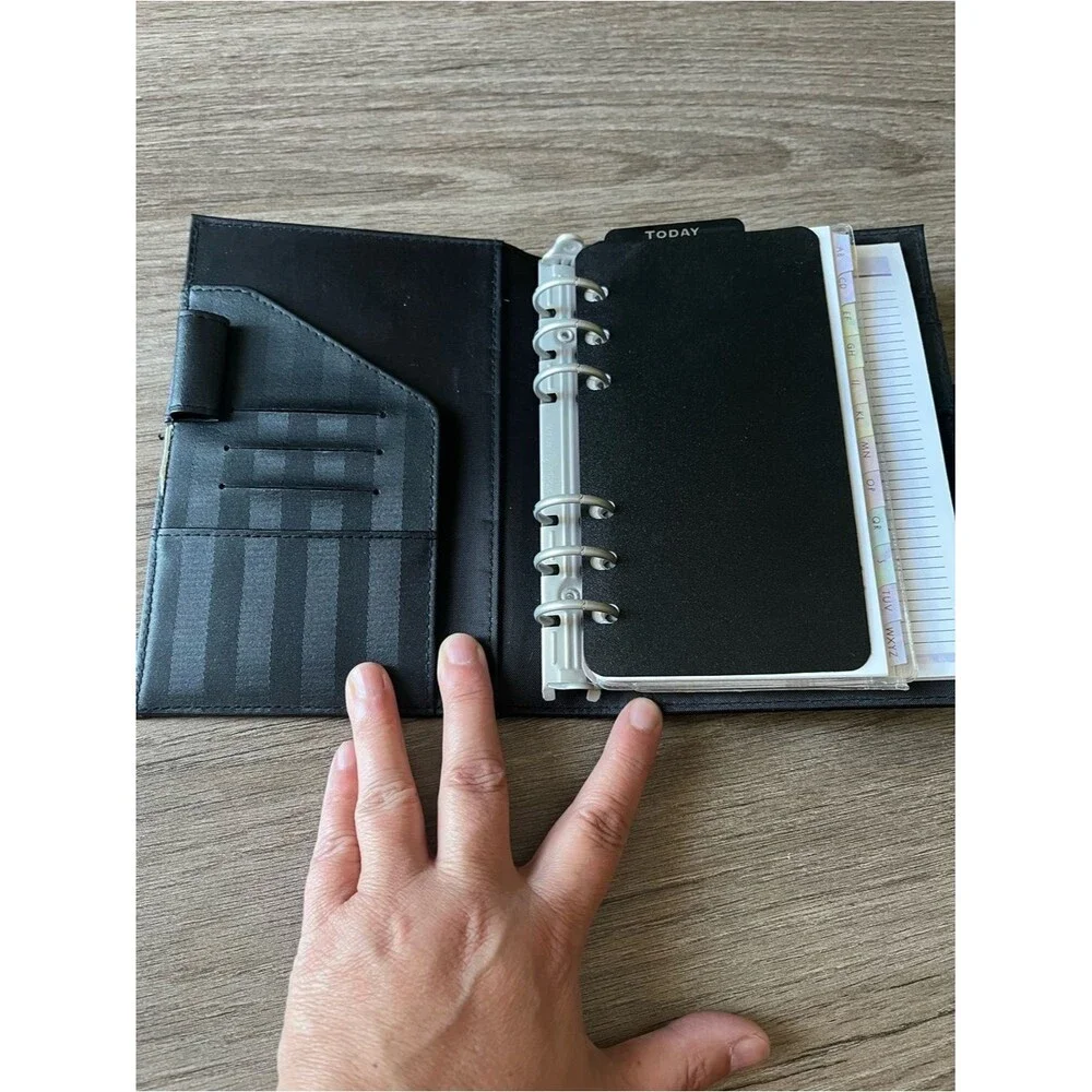 DAY-TIMER Black Striped Vinyl 6-Ring Organizer Binder Planner Cover Snap Close